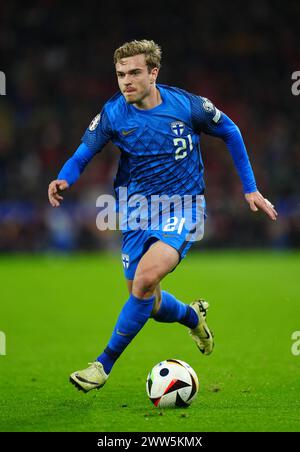 Le finlandais Daniel Hakans lors du match de qualification de l'UEFA Euro 2024 au stade de Cardiff City Stadium, Cardiff. Date de la photo : jeudi 21 mars 2024. Banque D'Images