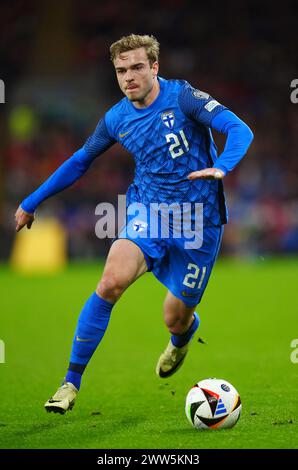 Le finlandais Daniel Hakans lors du match de qualification de l'UEFA Euro 2024 au stade de Cardiff City Stadium, Cardiff. Date de la photo : jeudi 21 mars 2024. Banque D'Images