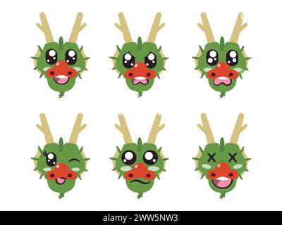 dragon à tête verte corné avec expression de visage sourire riant heureux triste clignement œil et geste joyeux Illustration de Vecteur
