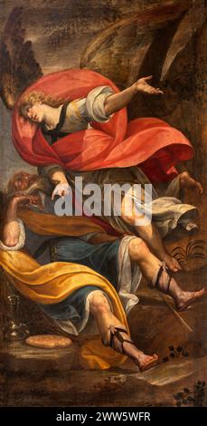 MILAN, ITALIE - 4 MARS 2024 : la peinture Prophète Elijah reçoit du pain et de l'eau d'un Ange dans l'église Basilica di Santo Stefano Maggiore Banque D'Images