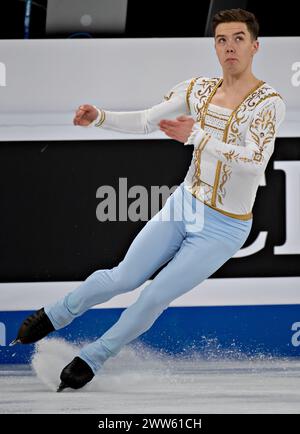 Montréal, Canada. 21 mars 2024. Nikita Starostin, d'Allemagne, participe au programme court masculin aux Championnats du monde de patinage artistique de l'Union internationale de patinage artistique (ISU) au Centre Bell de Montréal, Canada, le 21 mars 2024. Crédit : Andrew Soong/Xinhua/Alamy Live News Banque D'Images