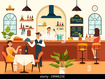 Illustration vectorielle de restaurant espagnol avec divers de menu alimentaire plat plat recette typique et cuisine dans la conception de fond de dessin animé plat Illustration de Vecteur