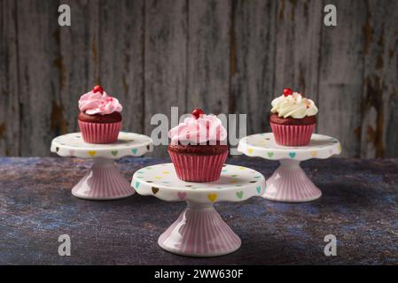 Cupcakes sur petite plaque en céramique avec fond en bois avec espace de copie. Photo du produit. Banque D'Images