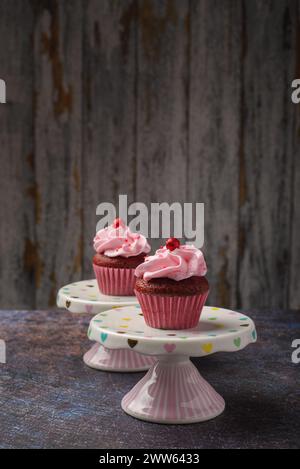 Cupcakes sur petite plaque en céramique avec fond en bois avec espace de copie. Photo du produit. Banque D'Images