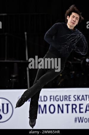 Montréal, Canada. 21 mars 2024. Jin Boyang, de Chine, participe au programme court masculin aux Championnats du monde de patinage artistique de l'Union internationale de patinage artistique (ISU) au Centre Bell à Montréal, Canada, le 21 mars 2024. Crédit : Andrew Soong/Xinhua/Alamy Live News Banque D'Images