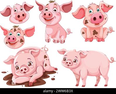 Collection de porcelets de dessins animés mignons dans diverses poses. Illustration de Vecteur