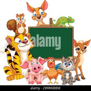 Animaux de dessins animés regroupés autour d'un tableau blanc. Illustration de Vecteur