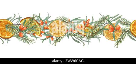 Orange, argousier et branche d'épinette. Bordure sans couture de baie, tranche de fruit, verdure. Agrumes, baies, feuilles persistantes. Orné d'hiver Banque D'Images