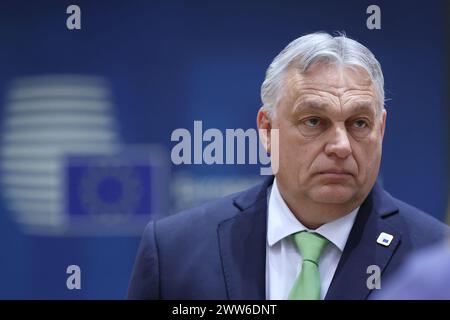 Bruxelles, Belgique. 21 mars 2024. Le premier ministre hongrois Viktor Orban est vu lors du sommet de l'Union européenne (UE) à Bruxelles, en Belgique, le 21 mars 2024. Crédit : Zhao Dingzhe/Xinhua/Alamy Live News Banque D'Images