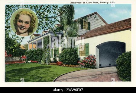 RÉSIDENCE D'ALICE FAYE, BEVERLY HILLS carte postale du dossier de cartes postales Homes of the Movie Stars publié en 1940 Curt Teich & Co.., Inc. Chicago, États-Unis Banque D'Images