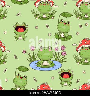 Modèle sans couture avec grenouilles drôles sur fond vert. Personnage animal mignon kawaii. Illustration vectorielle. Collection enfants Illustration de Vecteur