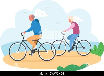 Couple senior à vélo à l'extérieur. Activité estivale. Illustration vectorielle Illustration de Vecteur