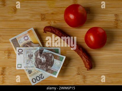 Augmentation des prix alimentaires en Pologne, pain, beurre sur une planche à découper, tomates, saucisses, TVA sur les aliments Pologne argent Banque D'Images