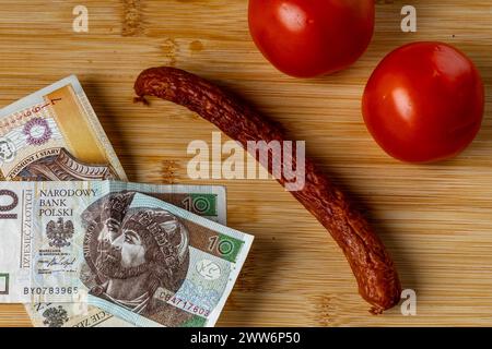 Augmentation des prix alimentaires en Pologne, pain, beurre sur une planche à découper, tomates, saucisses, TVA sur les aliments Pologne argent Banque D'Images