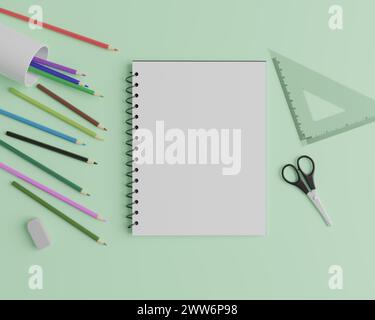 Cette maquette dispose d'un carnet de notes en spirale à colorier avec un fond vert. Il est très facile à utiliser. Banque D'Images