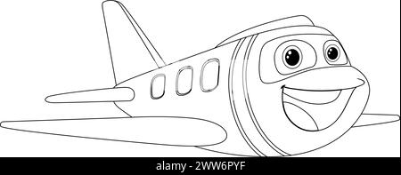 Dessin au trait noir et blanc d'un avion souriant. Illustration de Vecteur