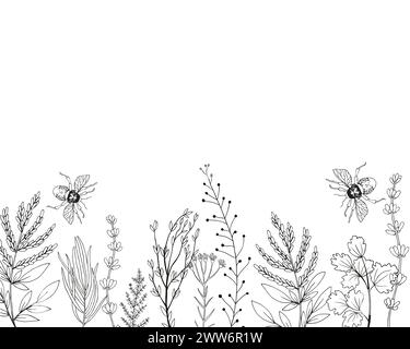 Fleurs et insectes dessinés à la main. Illustration de Vecteur