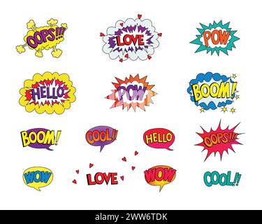Jeu de bulles de dialogue colorées comiques. Style pop art. Illustration de Vecteur