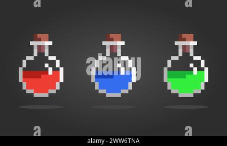 potions de pixels 8 bits. Médecine pour les actifs de jeu et les motifs de point de croix dans les illustrations vectorielles. Illustration de Vecteur