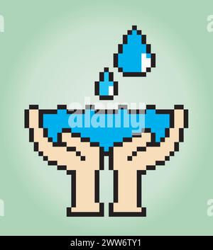 logo 8 bits pixel économiser de l'eau. Main symbole tenant une eau dans l'illustration vectorielle Illustration de Vecteur