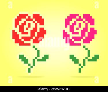 8 bits pixels de rose. Fleurs pour les jeux d'actifs et les motifs de point de croix dans les illustrations vectorielles. Illustration de Vecteur