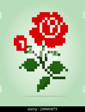 8 bits pixels de rose. Fleurs pour les jeux d'actifs et les motifs de point de croix dans les illustrations vectorielles. Illustration de Vecteur