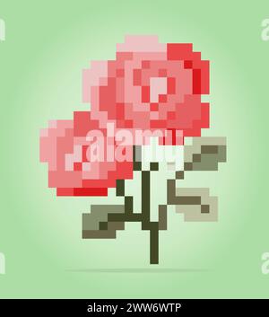 8 bits pixels de rose. Fleurs pour les jeux d'actifs et les motifs de point de croix dans les illustrations vectorielles. Illustration de Vecteur