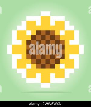 Pixel 8 bits de tournesol, pixel végétal pour les actifs du jeu et motifs de point de croix dans les illustrations vectorielles. Illustration de Vecteur