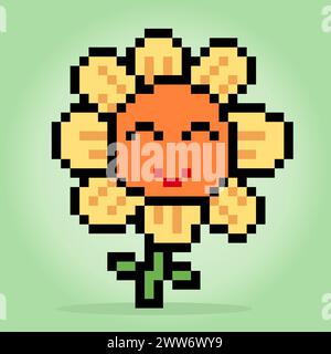 Pixel 8 bits de dessin animé tournesol, pixel végétal pour les actifs de jeu et motifs de point de croix dans les illustrations vectorielles. Illustration de Vecteur