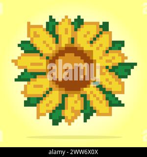 Pixel 8 bits de tournesol, pixel végétal pour les actifs du jeu et motifs de point de croix dans les illustrations vectorielles. Illustration de Vecteur