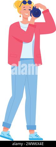 Femme heureuse avec appareil photo. La personne joyeuse fait l'image isolée sur fond blanc Illustration de Vecteur