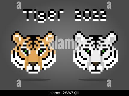 8 bits pixel a tête de tigre. Animaux pour les actifs de jeu et les motifs de point de croix dans les illustrations vectorielles. Illustration de Vecteur