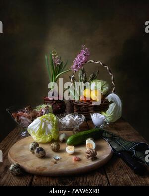 Nature morte avec légumes et œufs de caille Banque D'Images