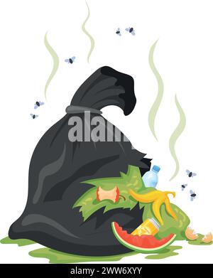 Déchets organiques de dessin animé. Sac noir poubelle sentant isolé sur fond blanc Illustration de Vecteur