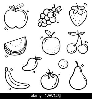 Fruits dessinés à la main dans l'ensemble doodle de ligne mince, dans l'illustration vectorielle Illustration de Vecteur