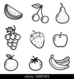 Ensemble abstrait Doodle dessiné à la main, fruits noirs à ligne mince dans l'illustration vectorielle Illustration de Vecteur