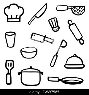 Doodle abstrait de l'icône du chef, Thin Line art set comprend des outils de cuisson dans l'illustration vectorielle Illustration de Vecteur