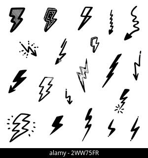 Doodle tonnerre abstrait. Jeu de lignes noires minces d'éclairs dans l'illustration vectorielle Illustration de Vecteur