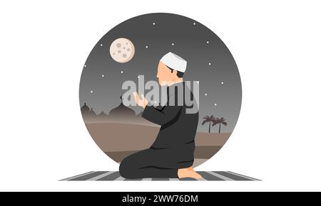 Un musulman priant la nuit avec une mosquée dans le désert en arrière-plan. Un musulman assis sur un tapis de prière. Illustration vectorielle. Illustration de Vecteur