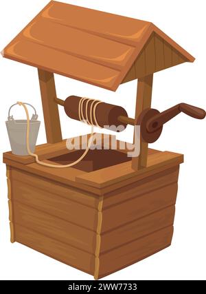 Puits en bois avec seau d'eau. Icône de dessin animé de ferme isolé sur fond blanc Illustration de Vecteur