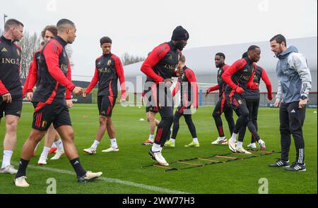 Tubize, Belgique. 22 mars 2024. Le belge Romelu Lukaku photographié en action lors d'une séance d'entraînement de l'équipe nationale belge de football Red Devils, au centre d'entraînement de la Royal Belgian Football Association à Tubize, vendredi 22 mars 2024. Samedi, les Red Devils disputent un match amical contre l’Irlande, dans le cadre des préparatifs de l’Euro 2024. BELGA PHOTO VIRGINIE LEFOUR crédit : Belga News Agency/Alamy Live News Banque D'Images