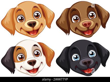 Quatre visages joyeux de chien de dessin animé souriant. Illustration de Vecteur