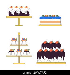 Gâteaux décorés sur des stands 2D d'objets de bande dessinée linéaires Illustration de Vecteur