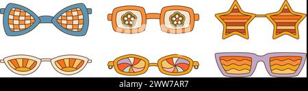 Collection de lunettes de soleil rétro Groovy avec différents motifs. Ensemble Vibe des années 1970 Illustration de Vecteur