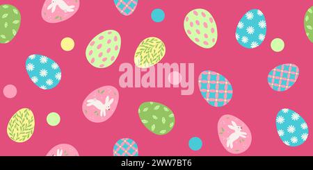 Fond rose avec une variété d'œufs de Pâques colorés et de points. Des œufs plus grands et plus petits sont dispersés dans tout le fond, motif sans couture, illustration vectorielle Illustration de Vecteur