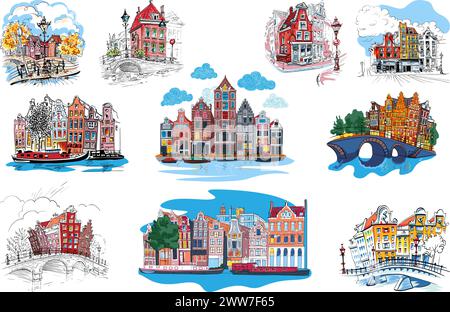 Ensemble de croquis de la ville d'Amsterdam avec canal traditionnel, maisons hollandaises typiques, Hollande, pays-Bas. Illustration de Vecteur