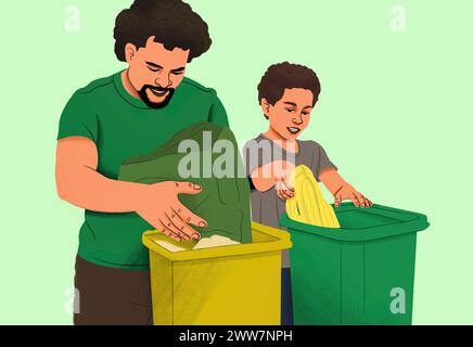 Père et fils respectueux de l'environnement compostant ensemble dans des bacs verts Banque D'Images