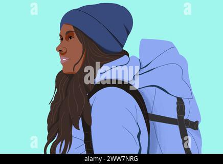 Jeune femme en bonnet en tricot et manteau sac à dos Banque D'Images