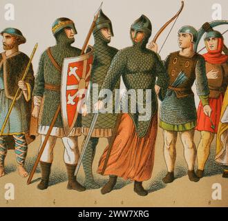 Normans, 1000-1100. De gauche à droite, 3 : pilgrim, 4-5-6-7-8 : guerriers. Chromolithographie. Historia Universal, de César Cantú. Volume V, 1884. Banque D'Images