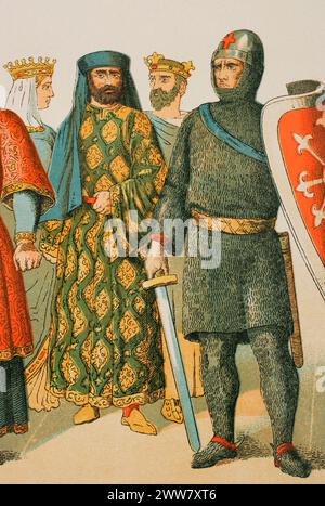 Histoire de France, 1000. De gauche à droite : la reine Mathilde de Frise (d. 1044), noble, roi Henri Ier de France (1008-1060) et chevalier de la première Croisade (1095-1102). Chromolithographie. Historia Universal, de César Cantú. Volume V, 1884. Banque D'Images